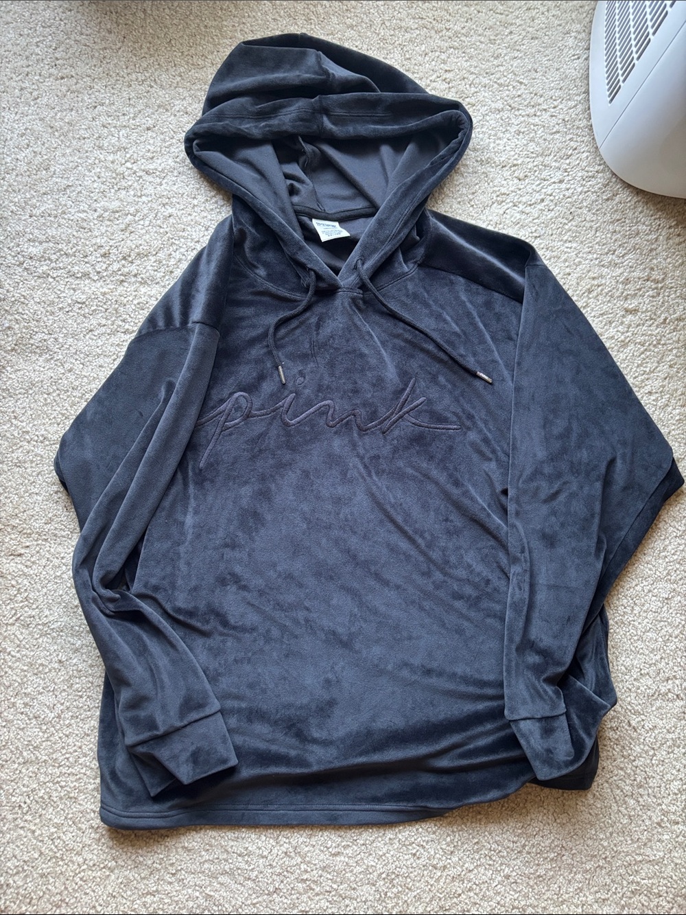 PINK Victoria's Secret Charcoal Velour Hoodie with Script Logo